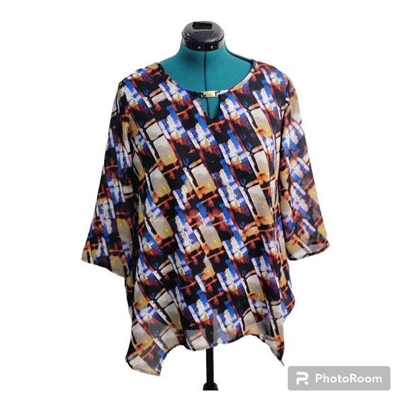 Notations Multicolor Long Sleeve Blouse Front Keyhole Tunic Relaxed Fit Size M - Picture 1 of 8